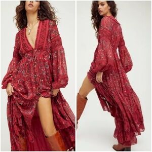 Free People Cassis Printed Chiffon Maxi Dress XS Strawberry Combo Red Pink